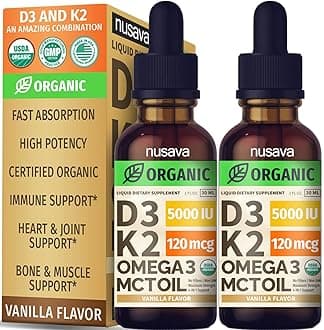 (2 Pack) Organic Vitamin D3 K2 Drops with MCT Oil Omega 3, 5000 IU - Maximum Strength Vitamin D Liquid, No Fillers, Non-GMO Liquid D3 for Faster Absorption and Immune Support (Vanilla, 1 Fl OZ x 2)