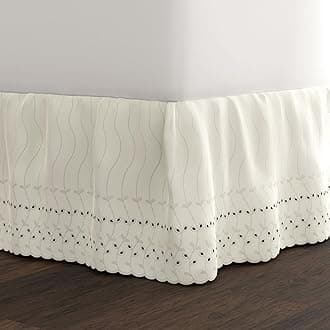Ruffled Eyelet Bed Skirt Dust Ruffle with Gathered Styling and Embroidered Details, 14" Drop Length, Queen, Ivory