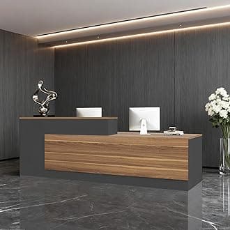 Modern L-Shaped Reception Desk with Hutch, Reception Counter Table, Lockable Drawer Door Cabinet, Office Wooden Computer Front Desk (European Oak+lron Gray-Left Cabinet, 87L*24" W*41" H)