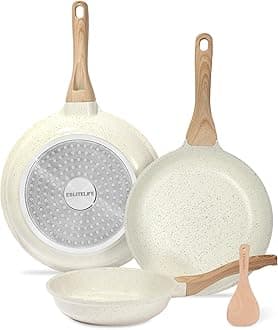 Nonstick Ceramic Frying Pans Skillets Set, Non-Toxic Egg Omelette Kitchen Cooking Pans Compatible with All Stovetops (Gas, Electric & Induction), PTFE & PFOA Free (White)