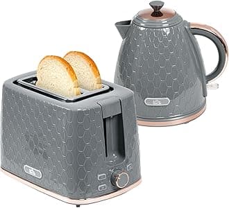 HOMCOM Kettle and Toaster Set, 1.7L 3000W Fast Boil Jug Kettle with Auto Shut Off, 2 Slice Toaster with 7 Level Browning Controls & Crumb Tray, UK Otter Thermostat, Grey