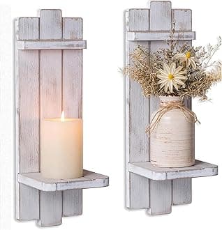 Farmhouse Candle Sconces Wall Decor: Set of Two Rustic Wood Candle Holder Wall Decor - Distressed White Candle Sconces for Bedroom Living Room Bathroom