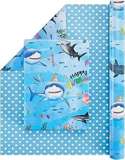 Shark Reversible Wrapping Paper Roll - 1 Roll 17” x 33 ft Happy Birthday Wrapping Paper Roll Kids Blue Ocean Birthday Gift Wrap Roll Boys Wrapping Paper Polka Dot Design Summer Bday Party Favor