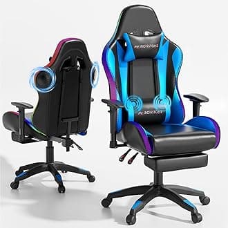 Mr IRONSTONE Gaming Chair, Video Game Chair with Bluetooth Speakers and Led Lights, Office Chair with Massage and 3D Armrest High Back Computer Racing Chair, Cheap Gaming Chairs for Adults, Black/Blue