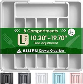 AujenSilverware Organizer - Expandable Kitchen Drawer Organizer, Adjustable Utensil Organizer, Cutlery Tray for Forks, Knives, Multipurpose Kitchen Organizers and Storage Solution, Light Grey, Large
