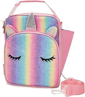 VASCHY Unicorn Lunch Bag for Kids, Insulated Reusable Glitter Lunch Box for Girls with Removable Shoulder Strap for School Unicorn Sparkly