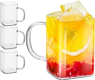 LUXU Drinking Glasses 8 oz With Handle,Set of 4 Thin Square Glasses,Elegant Bar Glassware For Water,Juice,Beer, Drinks,and Cocktails and Mixed Drinks,Lead-Free Square Glass,Glass Drink Tumblers