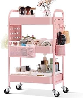 TOOLF 3-Tier Utility cart, Rolling Storage Cart with DIY Dual Pegboards, Art Craft Trolley with Removable Baskets Hooks, Organizer Serving Cart Easy Assemble for Office, Home, Kitchen, Kids' Room,PINK
