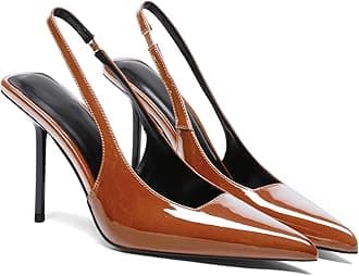 Women's Slingback Stiletto High Heels Pointed Toe Slip On Pumps Shoes Patent Leather Stretch Strap Backless Dress Heels
