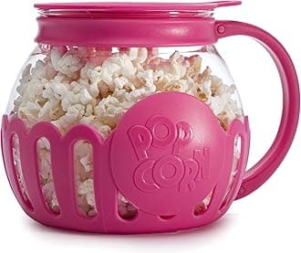 Patented Micro-Pop Microwave Popcorn Popper with Temperature Safe Glass, 3-in-1 Lid Measures Kernels and Melts Butter, Made Without BPA, Dishwasher Safe, 1.5-Quart, Pink