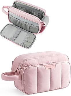 BAGSMART Travel Makeup Bag Organizer, Puffy Make Up Bag, Cosmetic Organizer Case for Travel Essentials Toiletries Accessories Bottles, Brushes (Pink)