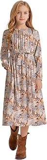 LaBeca Girls Casual Elastic Crew Neck Floral Printed Solid Color A-line Swing High Waist Midi Belted Dress with Pocket