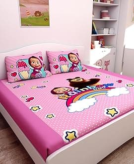 Athom Living Masha and The Bear (Pink) Themed Cotton Double Bedsheet Set with 2 Matching Pillow Cover, Premium Soft Fabric, Vibrant Designs, Perfect for Kids Bedroom, Easy Wash & Durable | 270x270 cm