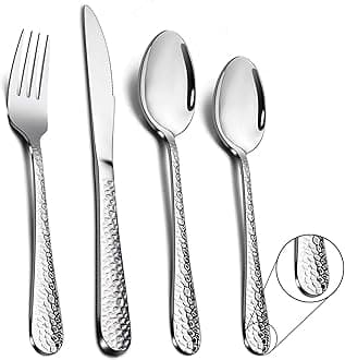 Cutlery Set, Stainless Steel 32 Piece Flatware Set for 8, Hammered Design Silverware Set for Big Family/Camping/Picnic, Eating Utensils with Knife Fork Spoon, Mirror Polish & Dishwasher Safe