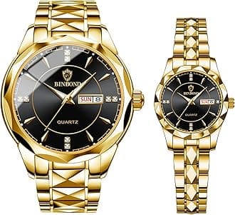 IbohevoCouple Watches Gift Set: His and Her Rhombus Quartz Analog Stainless Steel Luminous Hands Date 3 ATM Waterproof Business Casual Men Women Watch Sets