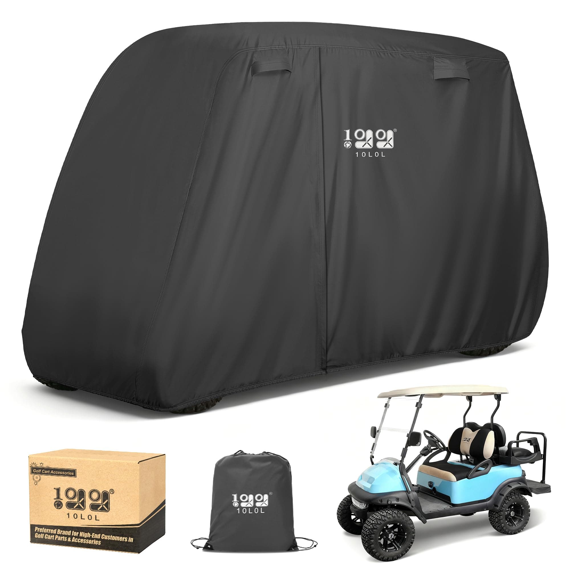 10L0L Golf Cart Cover 2/4/4+2 Passenger for Yamaha EZGO Club Car, Heavy Duty 420D Waterproof Windproof Durable Oxford Golf Cart Cover with 3 Zipper Doors for All-Weather Protection (Black/Silver)​​