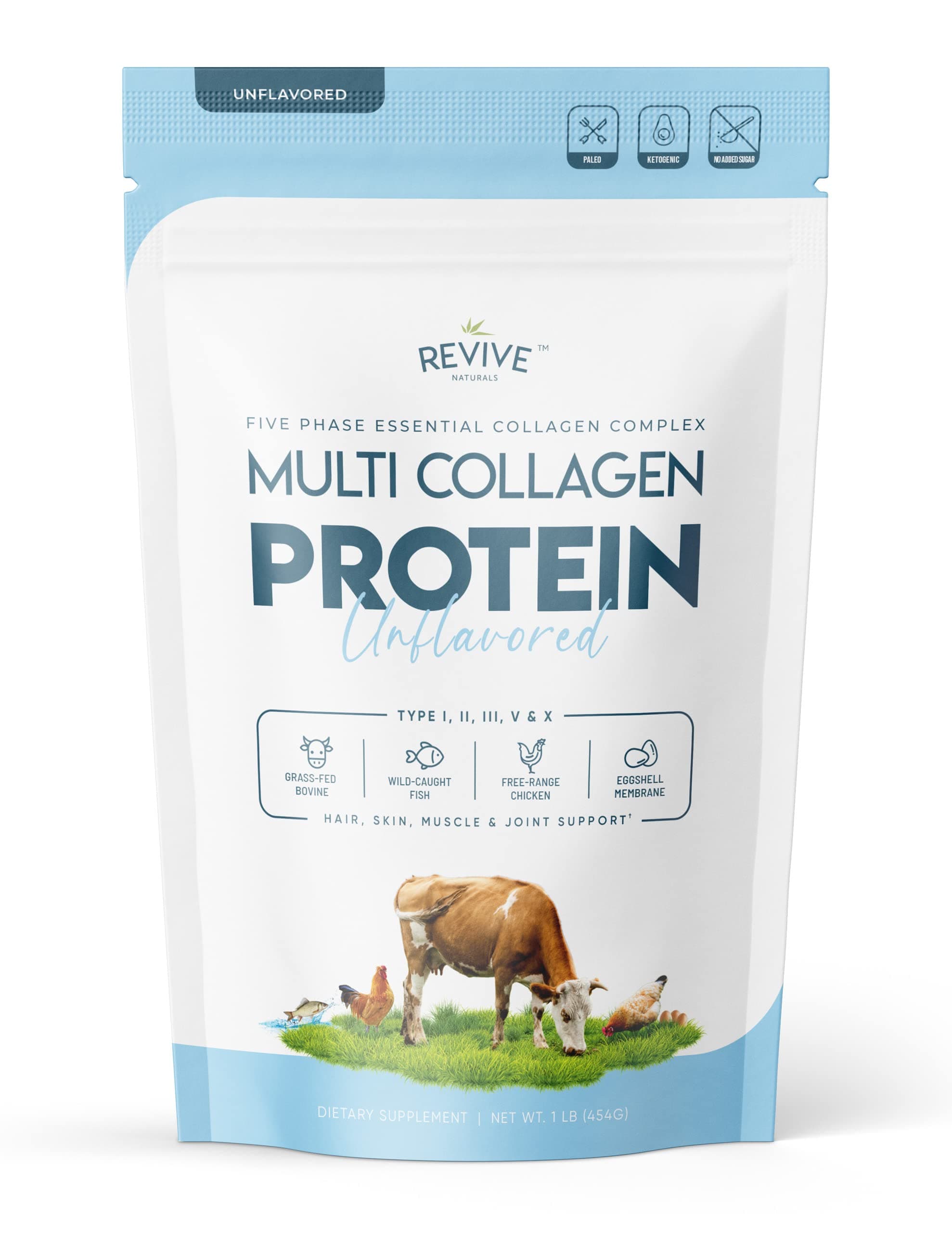 - Multi Collagen Hydrolyzed Protein Powder (16oz) - Types I, II, III, V & X - Grass Fed Bovine (Peptan®), Wild Caught Marine, Free Roaming Chicken & Eggshell Collagen Peptides, Non-GMO, GF.