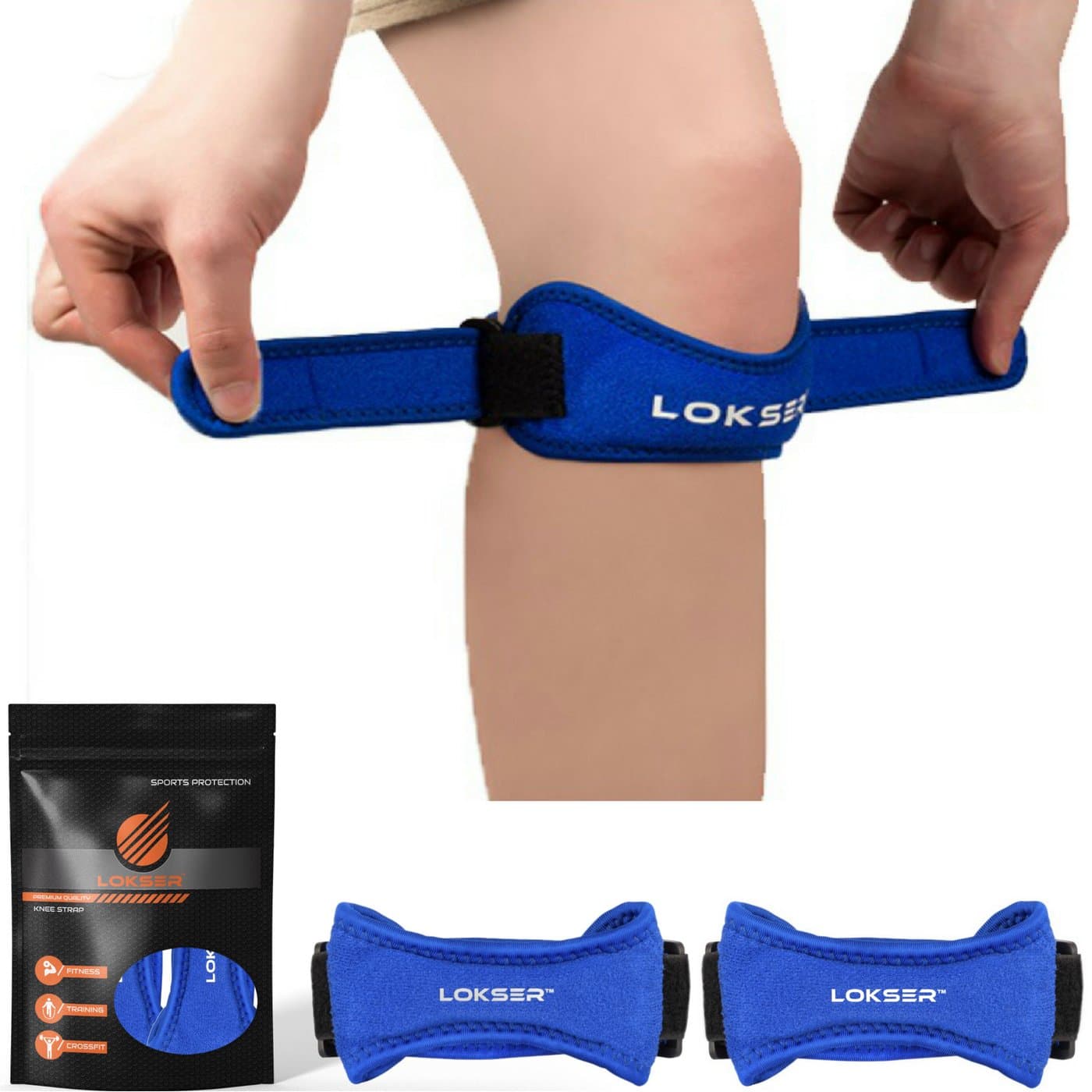 LOKSER 2-Pack Premium Patella Knee Tendon Support Strap Bands | Adjustable Knee Brace with Medical Grade EVA Guard Pad for Pain Relief | for Men & Women, One Size Fits All (Blue)