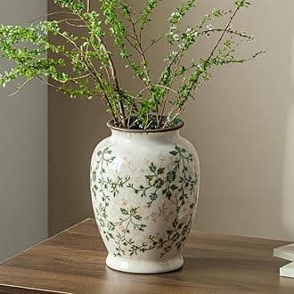 Vintage Green and Beige Vase, Round Ceramic Floral Vases, Retro Ice Cracked Chinoiserie Vase for Home Decor, Living Room, Bookshelf, Office, Grand Millennial Decor, Rustic Table Centerpiece 8 Inch