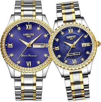 NIBOSI Watches for Couples Diamond Luxury Men and Women His and Hers Pair Watch Set Husband Wife Valentines Matching Wrist Watch Wedding Gifts Day Date Waterproof Quartz Analog
