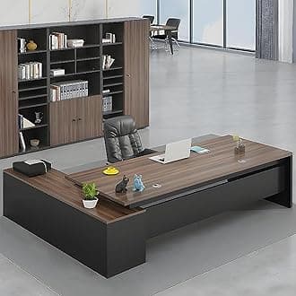 Modern L-Shape Office Desk with Wood Base, Executive Desk Boss Table, Computer Desk Home Office Furniture with Drawers and Storage Shelves (Brown, 71" L×32" W / 180×80cm)