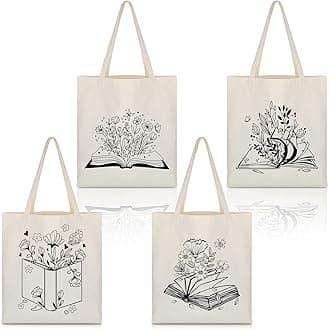 Oudain 4 Pcs Canvas Tote Bag for Women Floral Black Cat Canvas Tote Aesthetic Reusable Grocery Bags Cute Gifts for Cat Lover