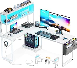 AODK L Shaped Desk Gaming Desk with LED Light & Power Outlet, 53 Inch Reversible L Shaped Computer Table with Shelf, Corner Desk with Storage Bag&Hook for Home Office Desk, White