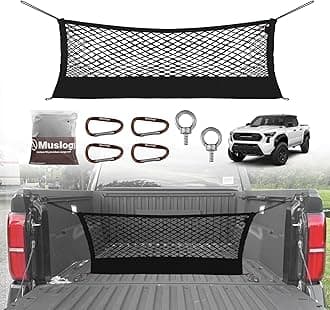 Muslogy Truck Bed Cargo Net Envelope Style Compatible with 2024 Toyota Tacoma Accessories Elastic Mesh Bed Net Stretchable Cargo Organizer with Hooks and Stainless Screw Replacement