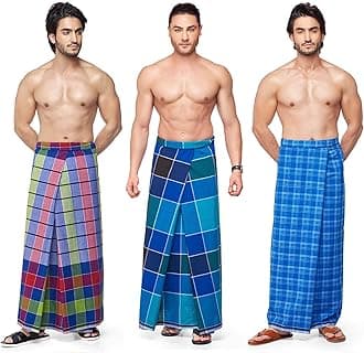 AnNafi® Dhoti/Sarong Coverups/Wrap For Men | 100% Cotton Indian Traditional Lungi Checked Design Dress | Long Sarong Cover Ups For The Beach | 3 Handloom Piece Combo Pack Comfortable