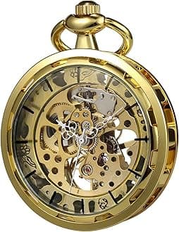 Mens Classic Steampunk Pocket Watch with Chain Skeleton Hand Wind Mechanical Pocket Watches for Men & Women