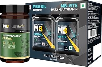 MuscleBlaze Koshaveda Ashwagandha 500mg, Ayurveda for Performance, Ayush Approved, 60 Tablets, MB-Vite Daily Multivitamin, 30 Tablets & Omega 3 Fish Oil 1000 mg, 30 Fish Oil Capsules (Combo Pack)