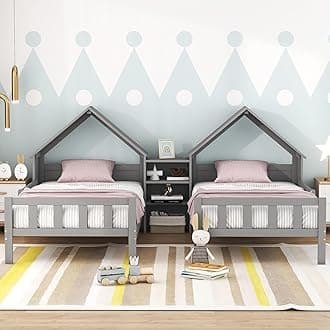 SOFTSEA Twin Double Bed Frame for Kids, Wood House Bed Frame with Nightstand, Two Shared Bed for Kids, No Box Spring Needed, Gray
