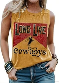 VKEGNIO Long Live Cowboys Tank Shirt Women Casual Sleeveless Vintage Country Music Shirt Funny Letter Print Graphic Tank Vest