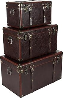 Deco 79 Faux Leather Decorative Trunk Nesting Upholstered Decorative Large Boxes with Vintage Accents and Studs, Set of 3 Storage Trunks 19", 24", 27"W, Brown