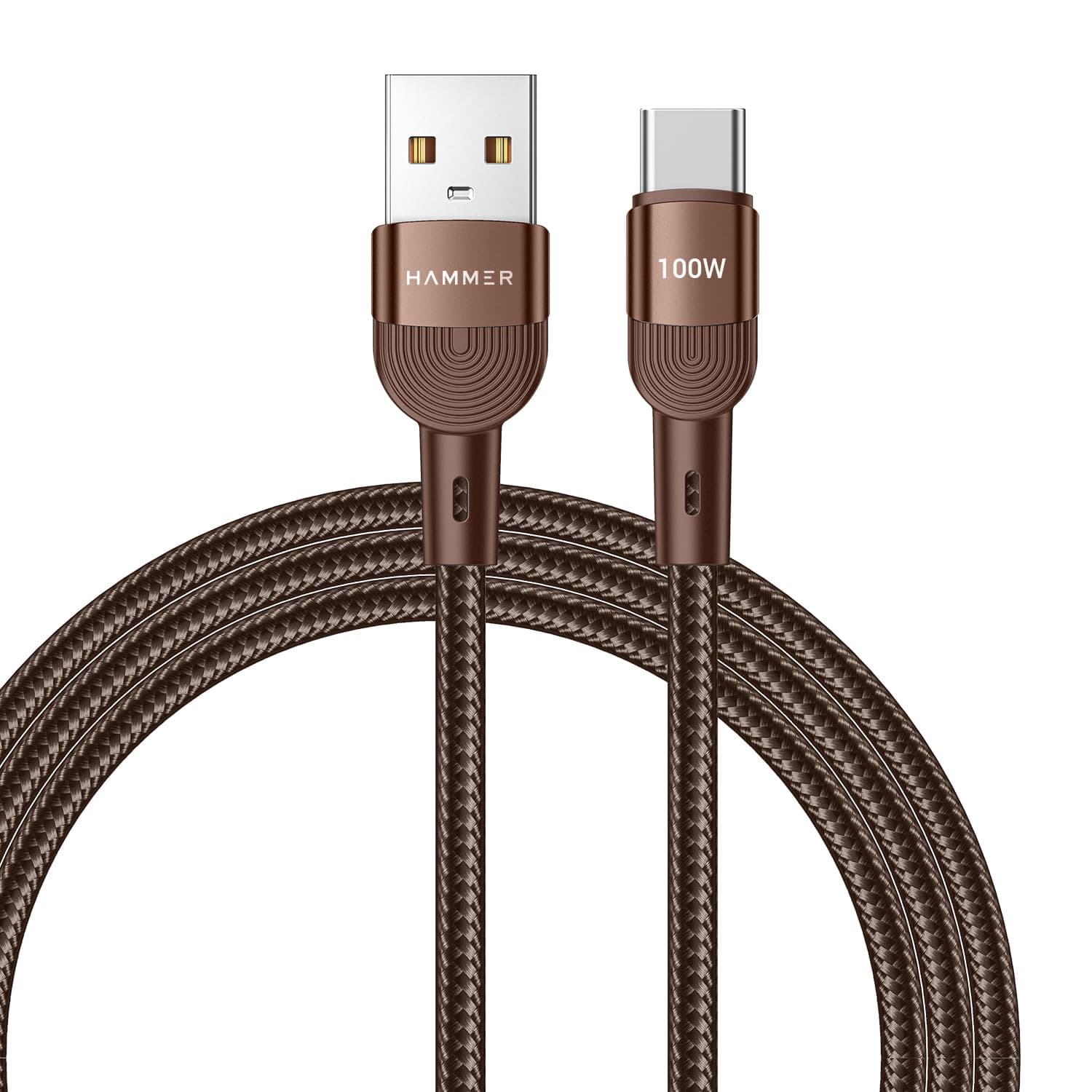 HAMMER 100W 5A USB to Type-C for OnePlus with WARP/VOOC/FLASH support, Super Fast Charging Cable,1.2M Nylon Braided,Tangle free,480Mbps Data Transfer, supports OPPO (Brown)
