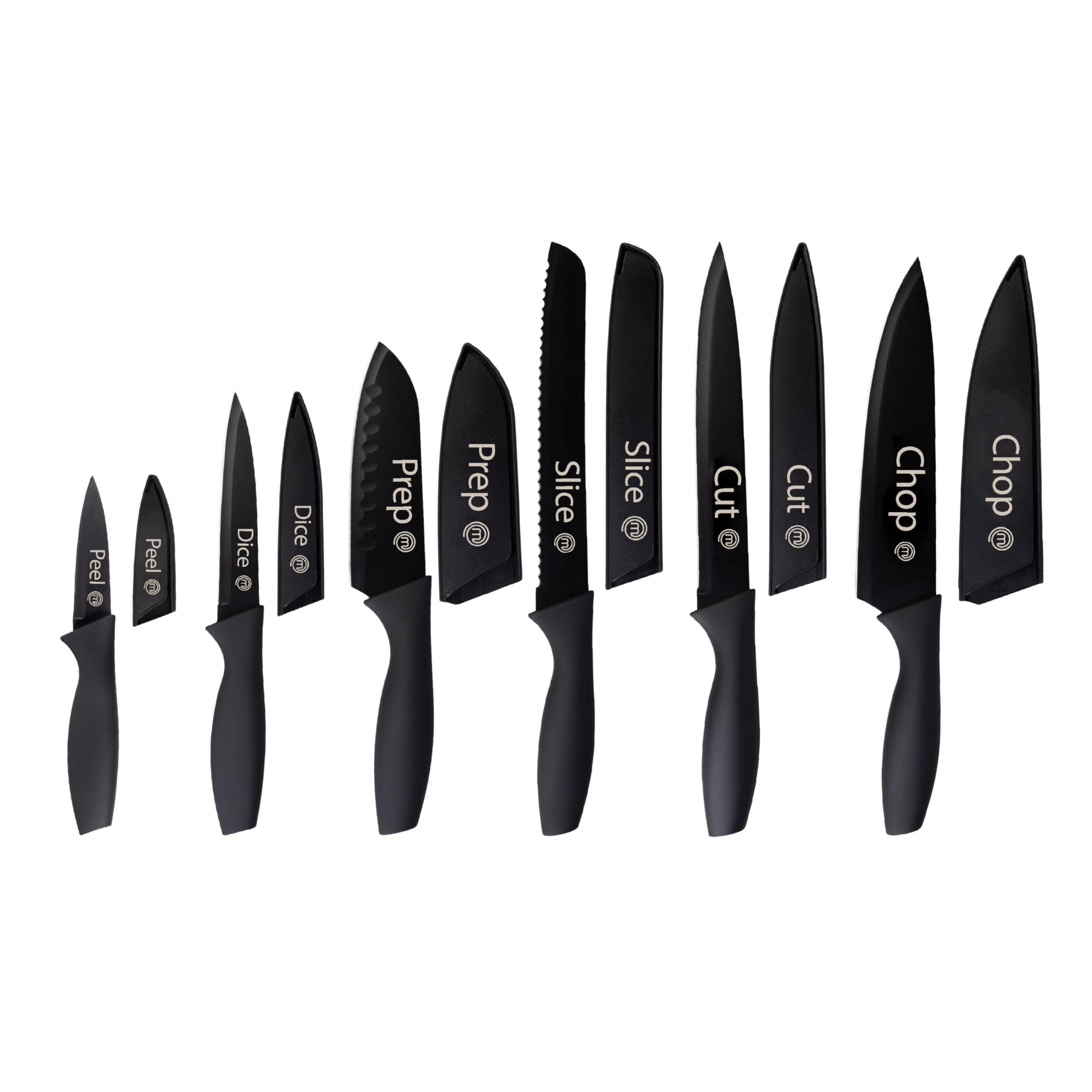 MasterChef Kitchen Knife Set with Covers, 6 Professional Chef Knives for Home Kitchens, Extra Sharp Cutting Stainless Steel Blades & Protective Sheaths, Soft-Touch Easy-Grip Handles, Essential Black