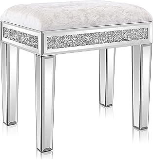 VINGLI Mirrored Vanity Stool with Storage, Upholstered Velvet Ottoman, Makeup Dressing Table Bench with Sparking Diamonds, Silver