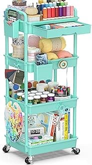 4 Tier Rolling Utility Cart with Drawer, Storage Organizer Cart with 2 Lockable Wheels, Multifunctional Rolling Storage Cart for Bathroom, Kitchen, Craft, Makeup, Baby Essentials, Blue