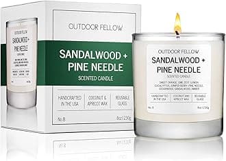 Outdoor Fellow Sandalwood + Pine Needle Scented Candle, 8oz, Coconut & Apricot Wax Blend, Sandalwood, Pine Needle, Eucalyptus, Reusable Glass, 40-50 Hour Burn Time