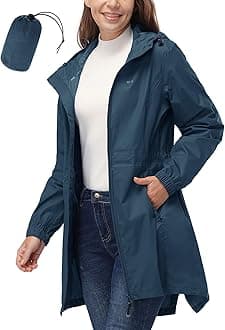 Women's Waterproof Long Rain Coats Packable Rain Jacket with Hood Trench Coats Windbreaker