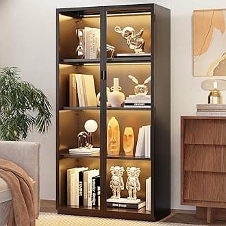Display Cabinet with Glass Doors and LED Lights, Glass Display Cabinet with 3 Adjustable Shelves,4 Tier of Storage Space Curio Cabinet for Bedroom Living Room Homeoffice Dining Room