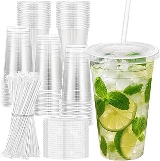 Lamosi 100 Pack 24 oz Clear Plastic Cups with Lids and Straws, Disposable Plastic Coffee Cups with Lids for Iced Coffee, Cold Beverages, Smoothies and To-Go Drinks