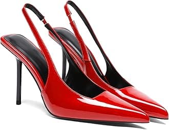 Women's Slingback Stiletto High Heels Pointed Toe Slip On Pumps Shoes Patent Leather Stretch Strap Backless Dress Heels