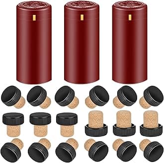 PVC heat shrink capsules 40 count red and 40 wine bottle cork stoppers, wine preservation set for cruise, wine seal shrink wrap sleeves caps tops wine capsules for home use