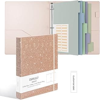 Ospelelf Vintage Hardcover 3 Ring 1 inch Leather Binder, Professional Binders Organizer Suitable for Letter Size Documents, Binder Dividers with Tabs, Faux Glitter Rose Gold Leather