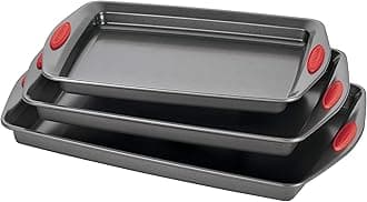 Rachael Ray 47423 3-Piece Cookie Pan Steel Baking Sheet Set, Gray with Red Grips