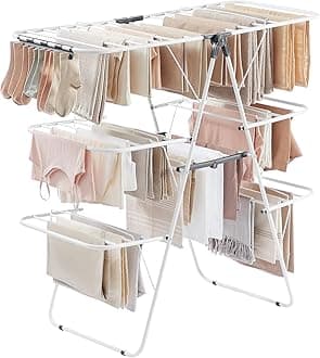 SONGMICS Clothes Drying Rack, Foldable 3-Level Laundry Rack, Free-Standing Large Drying Rack, with Height-Adjustable Wings, 39 Drying Rails, Sock Clips, White and Gray ULLR054W01