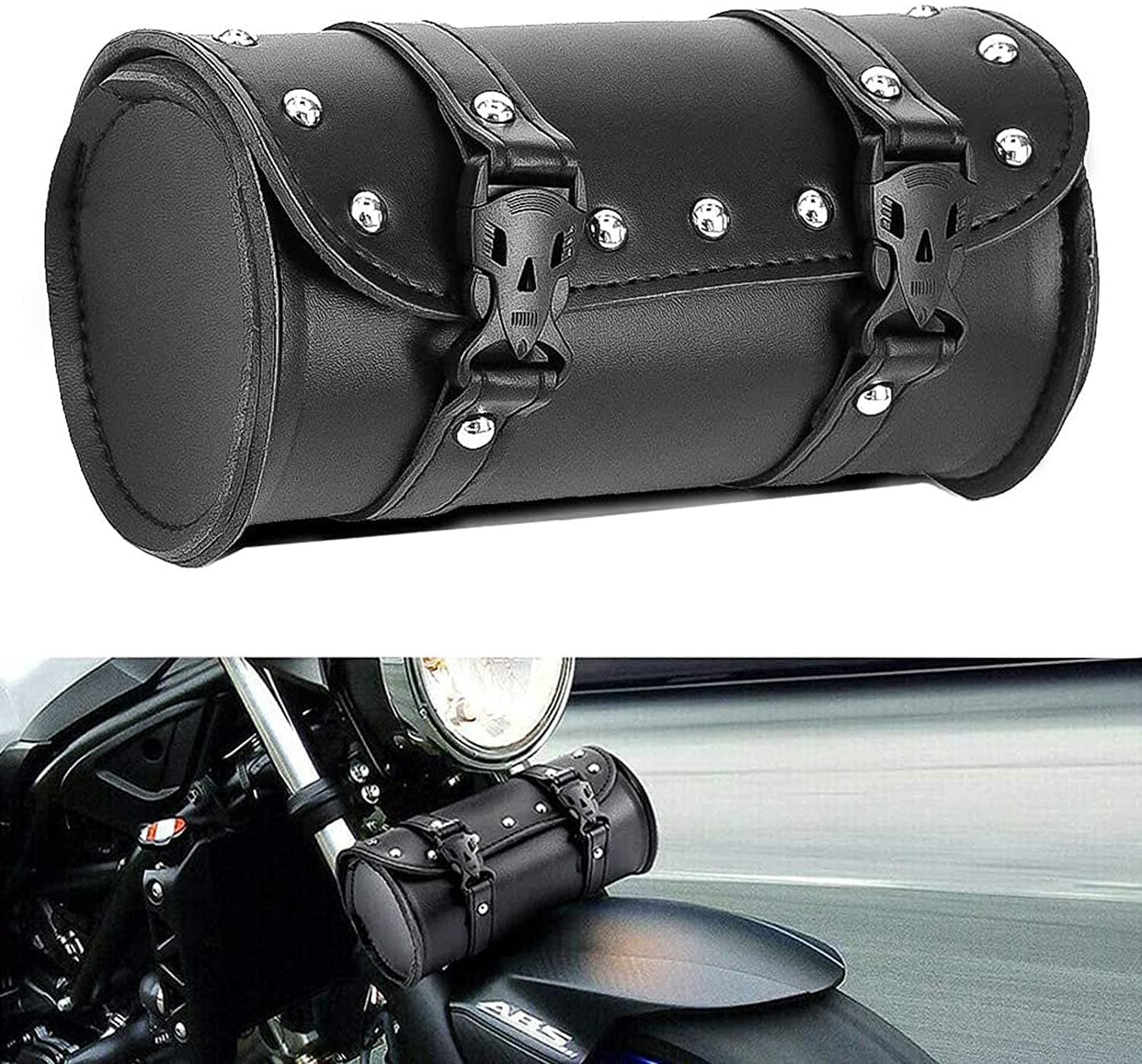 Motorcycle Handlebar Bag, Motorcycle Fork Tool Bag Motorcycle Tool Bag With 2 Straps PU Leather Black Universal for Motorcycle Front Forks Handlebar Sissybar Storage Bag 1
