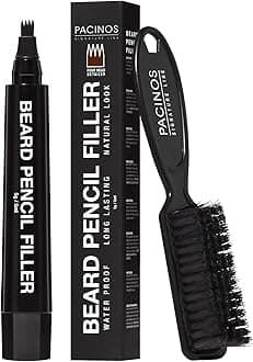 Beard Pencil Filler - Water Proof, Long Lasting Coverage & Natural Finish - Beard, Moustache & Eyebrows - Micro-Fork Tip for Seamless Application - Bristle Brush Included (Dark Brown)