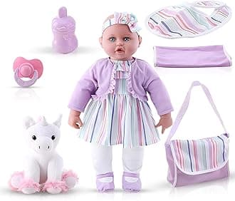 KOOKAMUNGA KIDS 18 Inch Baby Doll Set - Realistic Baby Doll - Baby Dolls for 2 Year Old Girls & Boys and Up - Comes w/ Soft - Toy Baby Bottle - Diaper Bag - Blanket Pacifier & Unicorn Toy